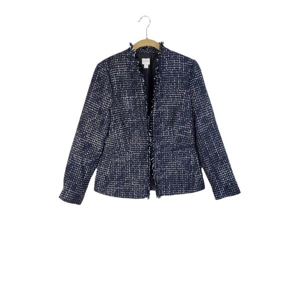 J Crew Broadway Blazer Black Blue White Tweed Fringe AL219 Womens Size 4 - Picture 1 of 9